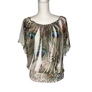 Lipstick Peacock Pleated Short Sleeve Top Smocked Elastic Waistband Large